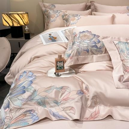 魅都 新100阿克苏长绒棉刺绣四件套荷塘月色樱花粉