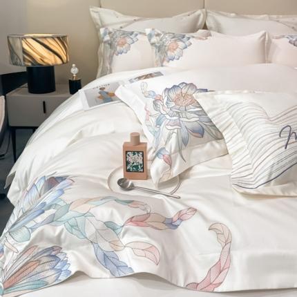 魅都新100阿克苏长绒棉刺绣四件套荷塘月色椰奶白