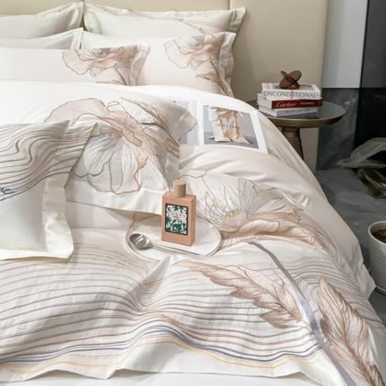 魅都新款100阿克苏长绒棉刺绣四件套-米兰椰奶白