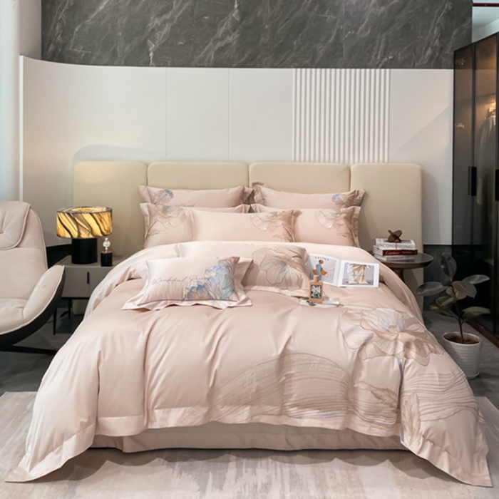 91家纺网 家纺一手货源 找家纺 魅都新款100阿克苏长绒棉刺绣四件套-米兰樱花粉