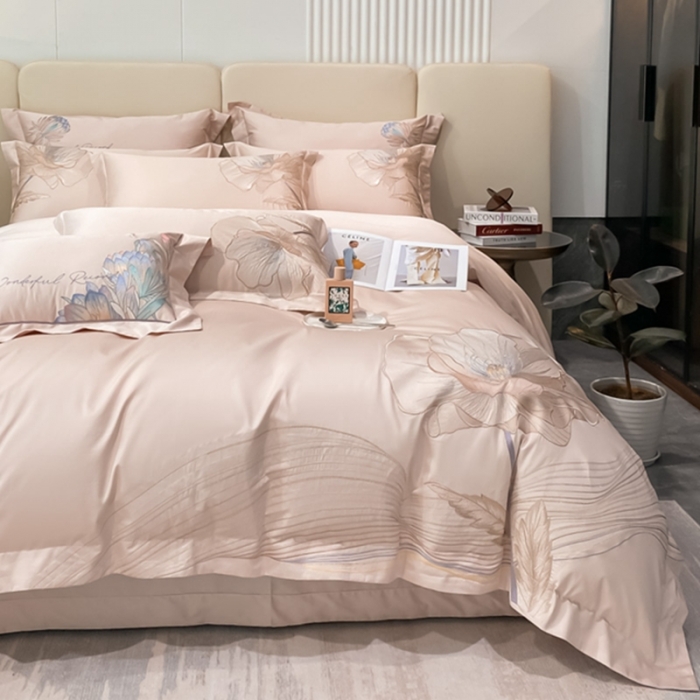 91家纺网 家纺一手货源 找家纺 魅都新款100阿克苏长绒棉刺绣四件套-米兰樱花粉