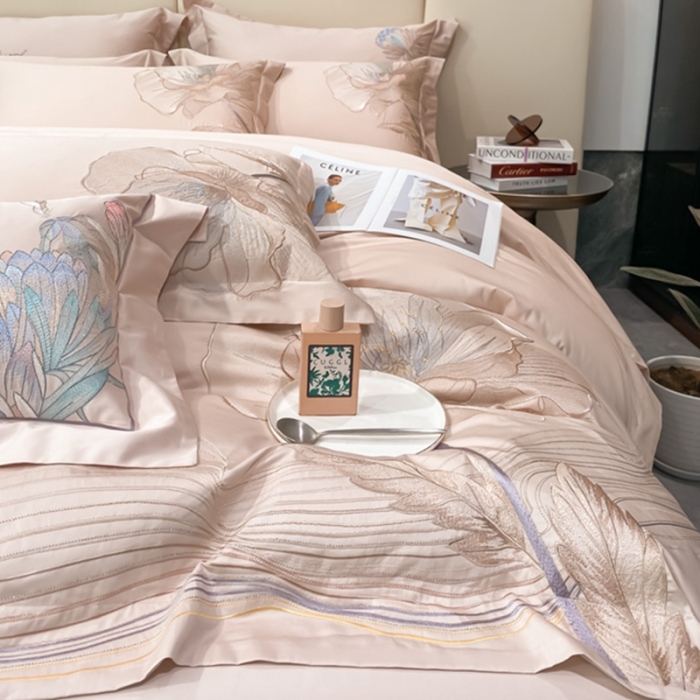 91家纺网 家纺一手货源 找家纺 魅都新款100阿克苏长绒棉刺绣四件套-米兰樱花粉