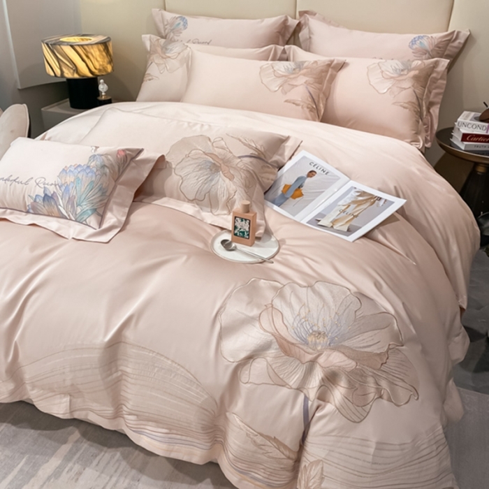 91家纺网 家纺一手货源 找家纺 魅都新款100阿克苏长绒棉刺绣四件套-米兰樱花粉