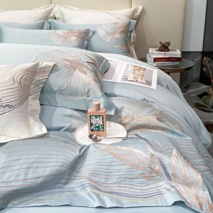 魅都新款100阿克苏长绒棉刺绣四件套-米兰天空蓝