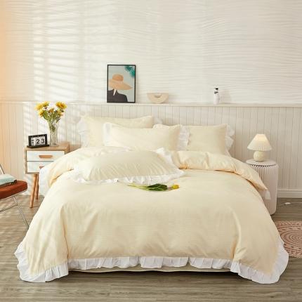 91家纺网 家纺一手货源 找家纺 啊雅家居 2025新款轻奢韩式花边华夫格四件套 梦幻黄