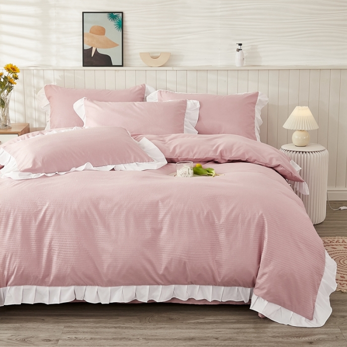 91家纺网 家纺一手货源 找家纺 啊雅家居 2025新款轻奢韩式花边华夫格四件套 梦幻粉