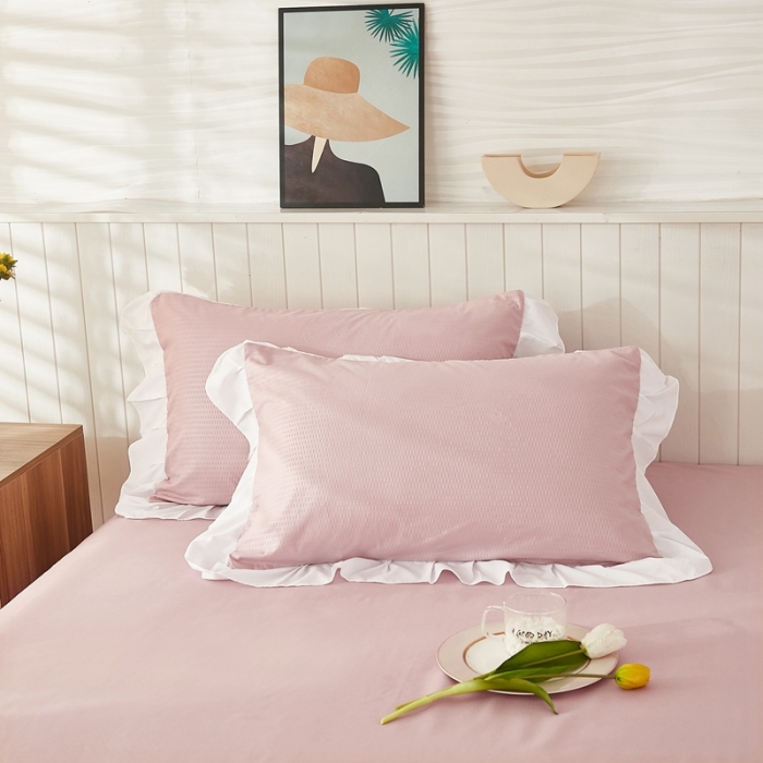 91家纺网 家纺一手货源 找家纺 啊雅家居 2025新款轻奢韩式花边华夫格四件套 梦幻粉