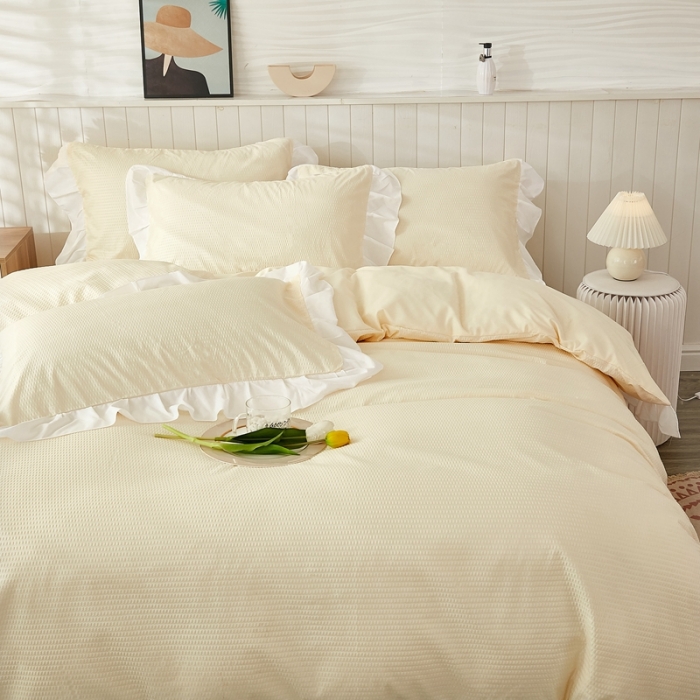 91家纺网 家纺一手货源 找家纺 啊雅家居 2025新款轻奢韩式花边华夫格四件套 梦幻黄