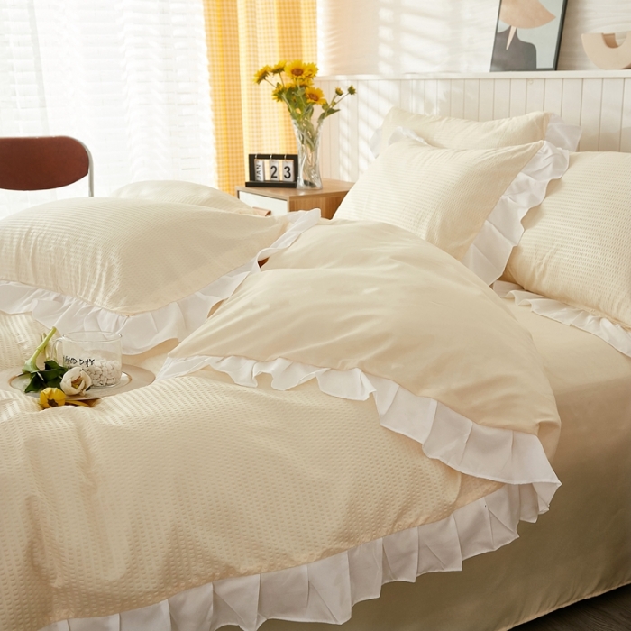 91家纺网 家纺一手货源 找家纺 啊雅家居 2025新款轻奢韩式花边华夫格四件套 梦幻黄