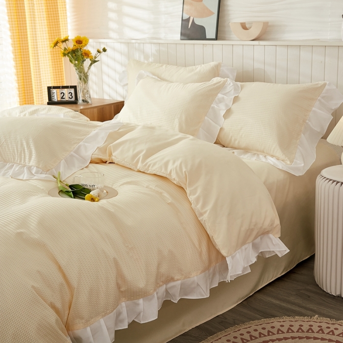 91家纺网 家纺一手货源 找家纺 啊雅家居 2025新款轻奢韩式花边华夫格四件套 梦幻黄