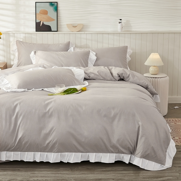 91家纺网 家纺一手货源 找家纺 啊雅家居 2025新款轻奢韩式花边华夫格四件套 梦幻灰