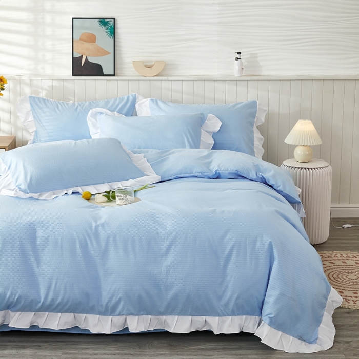 91家纺网 家纺一手货源 找家纺 啊雅家居 2025新款轻奢韩式花边华夫格四件套 梦幻兰