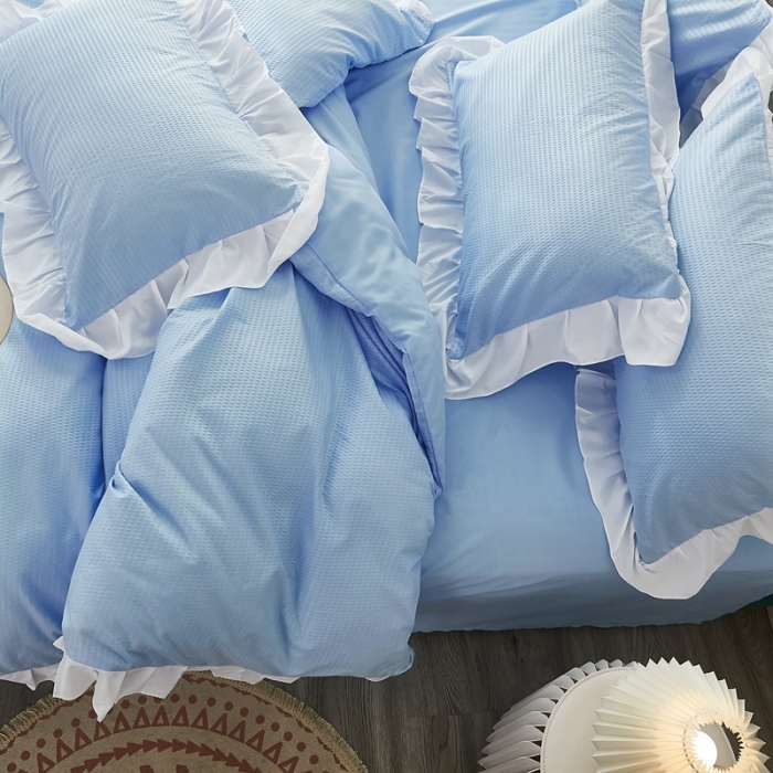 91家纺网 家纺一手货源 找家纺 啊雅家居 2025新款轻奢韩式花边华夫格四件套 梦幻兰