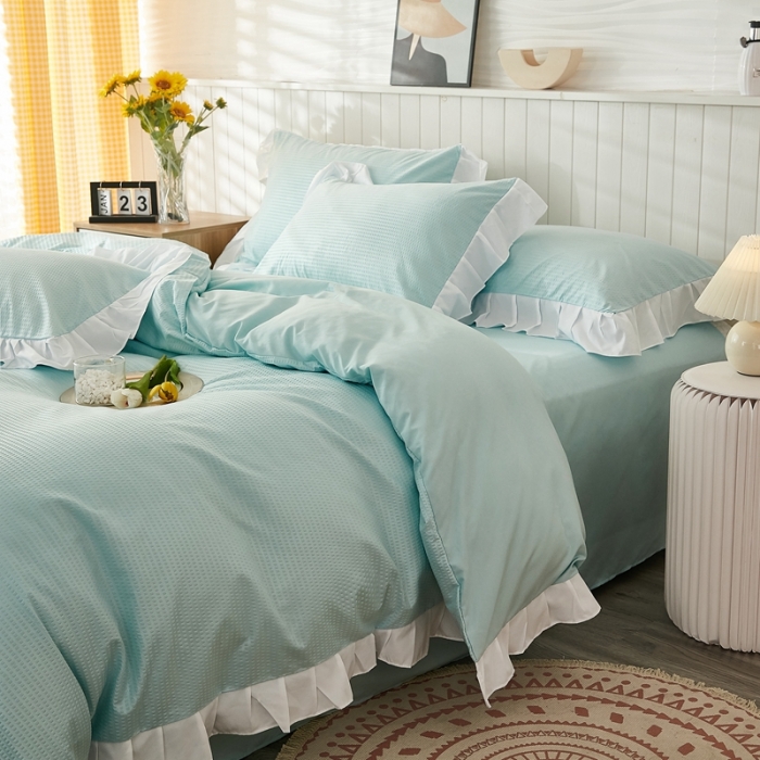 91家纺网 家纺一手货源 找家纺 啊雅家居 2025新款轻奢韩式花边华夫格四件套 梦幻绿