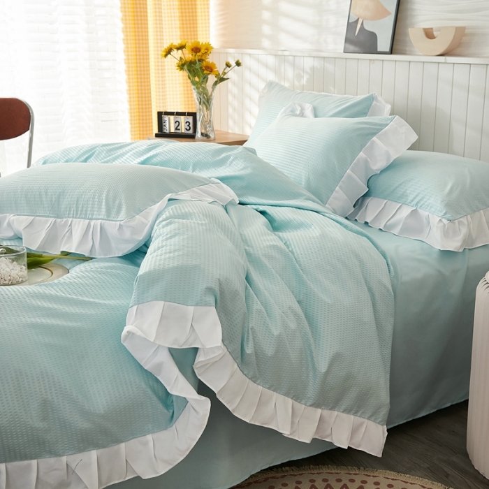 91家纺网 家纺一手货源 找家纺 啊雅家居 2025新款轻奢韩式花边华夫格四件套 梦幻绿