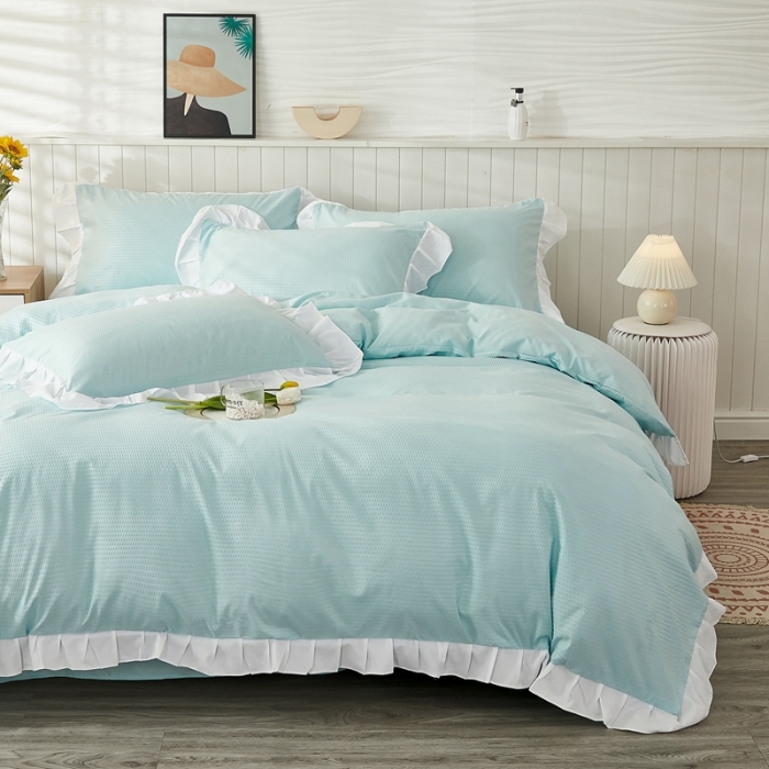 91家纺网 家纺一手货源 找家纺 啊雅家居 2025新款轻奢韩式花边华夫格四件套 梦幻绿