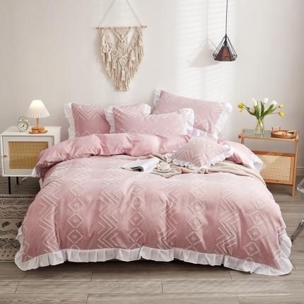 91家纺网 家纺一手货源 找家纺 啊雅家居2025新款韩版肌理纹立体剪花花边四件套 肮理粉