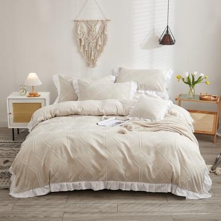 91家纺网 家纺一手货源 找家纺 啊雅家居2025新款韩版肌理纹立体剪花花边四件套 肌理黄