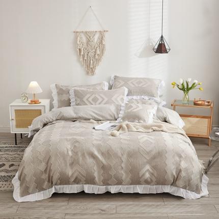 91家纺网 家纺一手货源 找家纺 啊雅家居2025新款韩版肌理纹立体剪花花边四件套 肌理咖