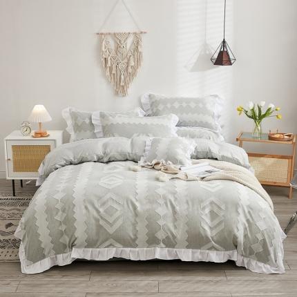 91家纺网 家纺一手货源 找家纺 啊雅家居2025新款韩版肌理纹立体剪花花边四件套 肌理浅绿