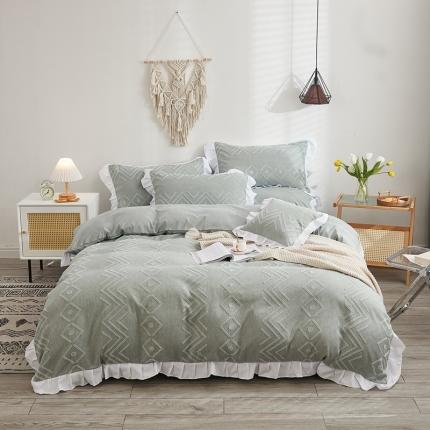 91家纺网 家纺一手货源 找家纺 啊雅家居2025新款韩版肌理纹立体剪花花边四件套 肌理深绿