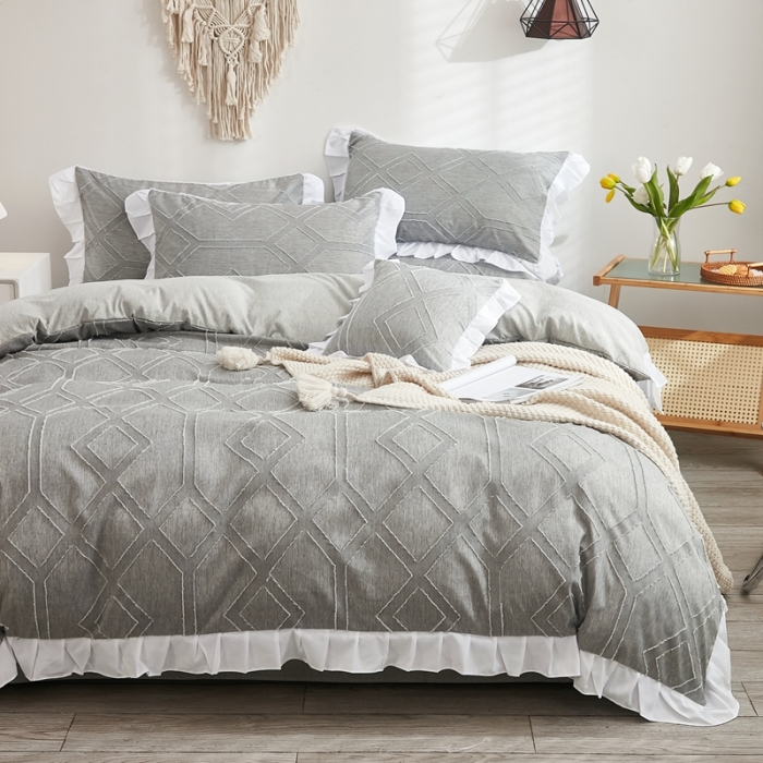 91家纺网 家纺一手货源 找家纺 啊雅家居2025新款韩版肌理纹立体剪花花边四件套 肮理灰