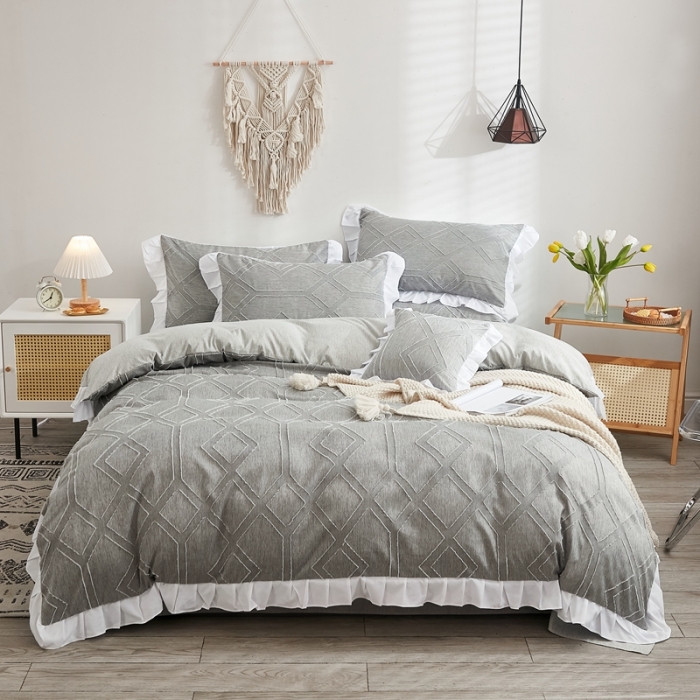 91家纺网 家纺一手货源 找家纺 啊雅家居2025新款韩版肌理纹立体剪花花边四件套 肮理灰