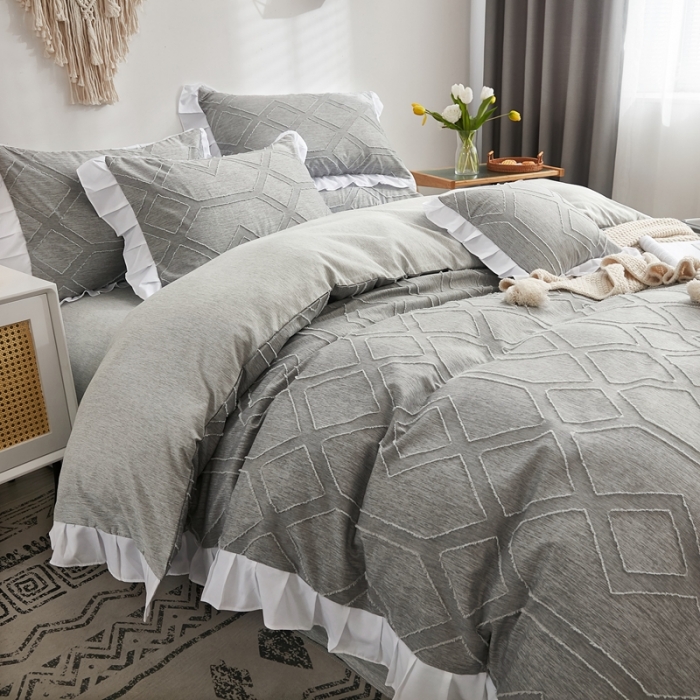 91家纺网 家纺一手货源 找家纺 啊雅家居2025新款韩版肌理纹立体剪花花边四件套 肮理灰