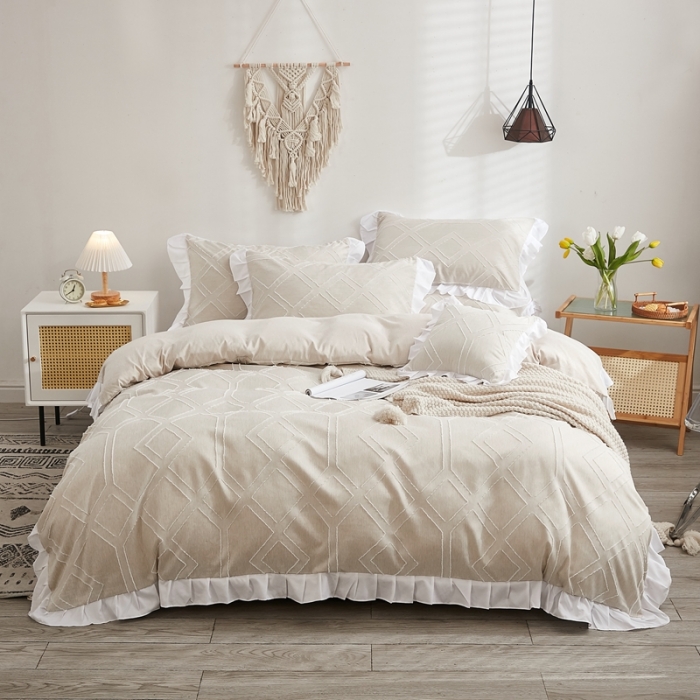 91家纺网 家纺一手货源 找家纺 啊雅家居2025新款韩版肌理纹立体剪花花边四件套 肌理黄