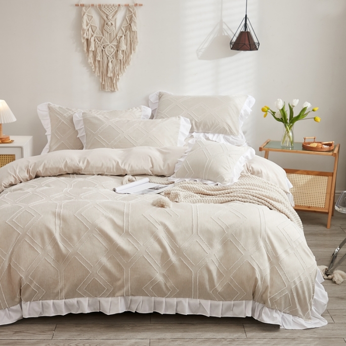 91家纺网 家纺一手货源 找家纺 啊雅家居2025新款韩版肌理纹立体剪花花边四件套 肌理黄