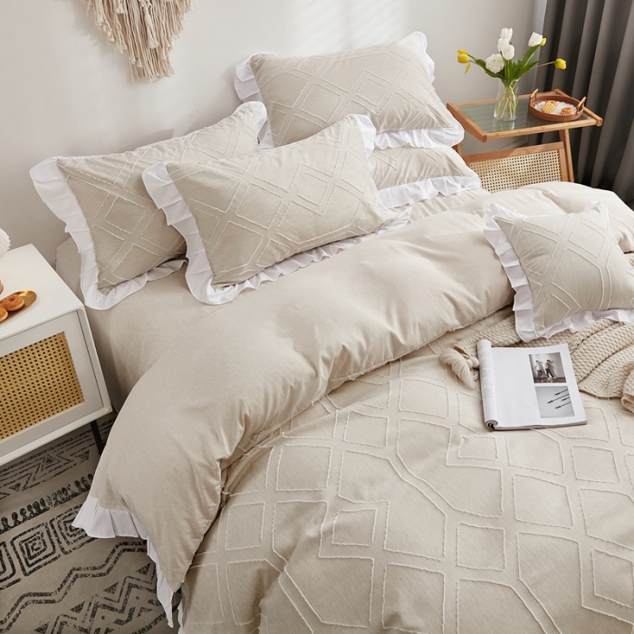 91家纺网 家纺一手货源 找家纺 啊雅家居2025新款韩版肌理纹立体剪花花边四件套 肌理黄