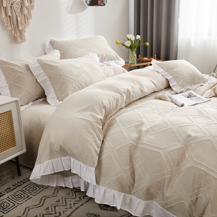 91家纺网 家纺一手货源 找家纺 啊雅家居2025新款韩版肌理纹立体剪花花边四件套 肌理黄