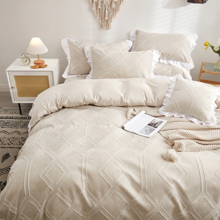 91家纺网 家纺一手货源 找家纺 啊雅家居2025新款韩版肌理纹立体剪花花边四件套 肌理黄