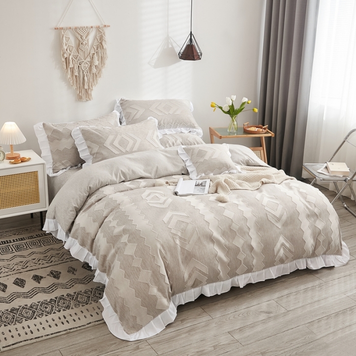 91家纺网 家纺一手货源 找家纺 啊雅家居2025新款韩版肌理纹立体剪花花边四件套 肌理咖