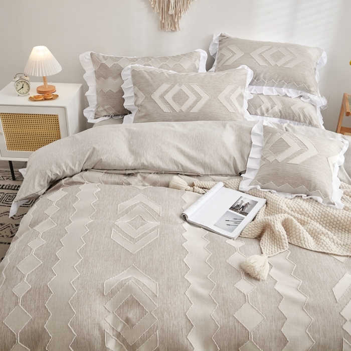 91家纺网 家纺一手货源 找家纺 啊雅家居2025新款韩版肌理纹立体剪花花边四件套 肌理咖