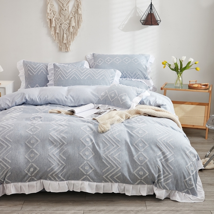 91家纺网 家纺一手货源 找家纺 啊雅家居2025新款韩版肌理纹立体剪花花边四件套 肌理蓝