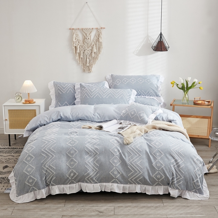 91家纺网 家纺一手货源 找家纺 啊雅家居2025新款韩版肌理纹立体剪花花边四件套 肌理蓝