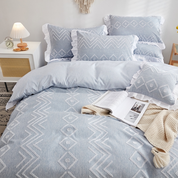 91家纺网 家纺一手货源 找家纺 啊雅家居2025新款韩版肌理纹立体剪花花边四件套 肌理蓝