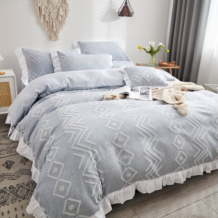 91家纺网 家纺一手货源 找家纺 啊雅家居2025新款韩版肌理纹立体剪花花边四件套 肌理蓝