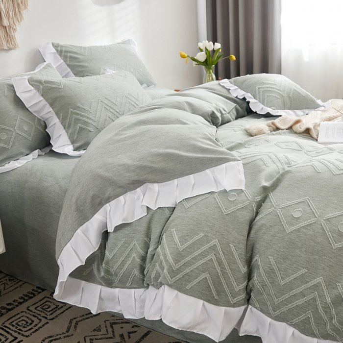 91家纺网 家纺一手货源 找家纺 啊雅家居2025新款韩版肌理纹立体剪花花边四件套 肌理深绿