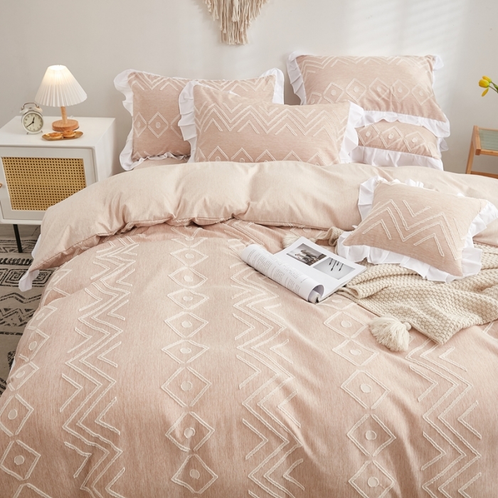 91家纺网 家纺一手货源 找家纺 啊雅家居2025新款韩版肌理纹立体剪花花边四件套 肌理玉