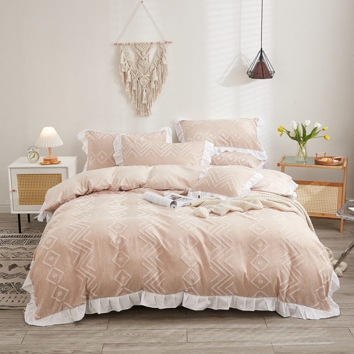 91家纺网 家纺一手货源 找家纺 啊雅家居2025新款韩版肌理纹立体剪花花边四件套 肌理玉