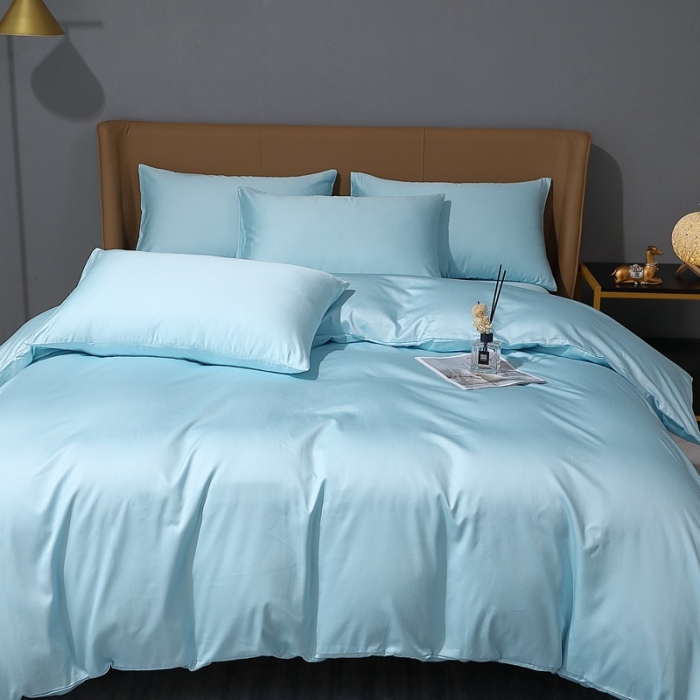 91家纺网 家纺一手货源 找家纺 2022新款纯棉50支双股贡缎长绒棉纯色四件套全棉-纯沐浅天蓝