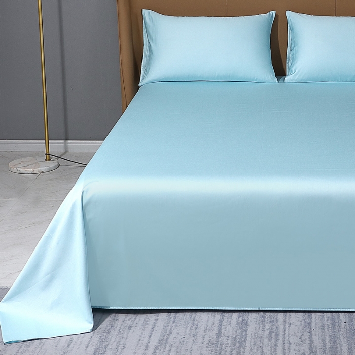 91家纺网 家纺一手货源 找家纺 2022全棉纯棉50支双股S贡缎长绒棉纯色单品床单纯沐-浅天蓝