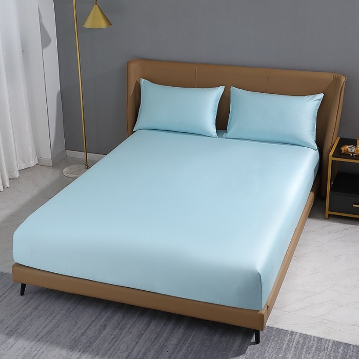 91家纺网 家纺一手货源 找家纺 2022全棉纯棉50支双股S贡缎长绒棉纯色单床笠单品纯沐浅天蓝