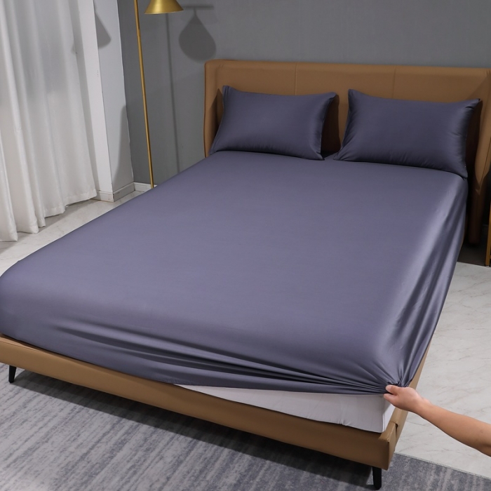 91家纺网 家纺一手货源 找家纺 2022全棉纯棉50支双股S贡缎长绒棉纯色单床笠单品纯沐深度灰