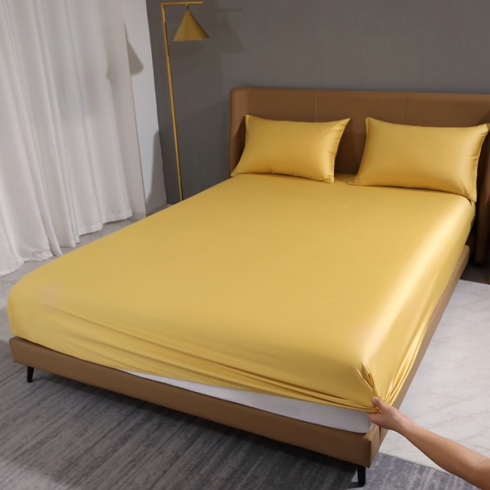 91家纺网 家纺一手货源 找家纺 2022全棉纯棉50支双股S贡缎长绒棉纯色单床笠单品纯沐玉米黄