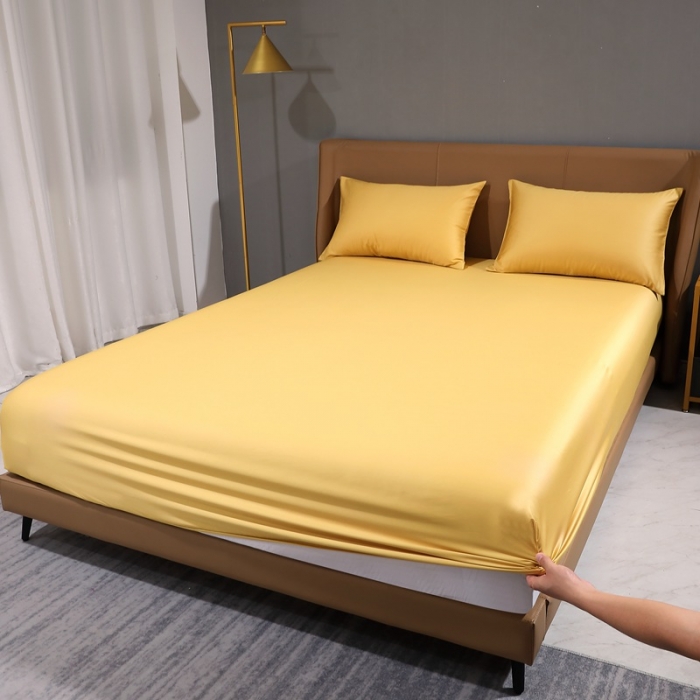 91家纺网 家纺一手货源 找家纺 2022全棉纯棉50支双股S贡缎长绒棉纯色单床笠单品纯沐玉米黄