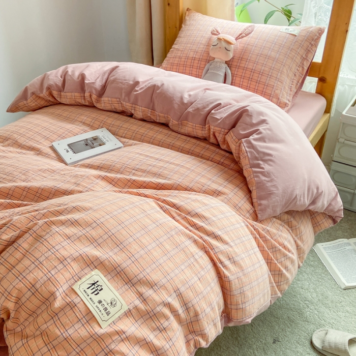 91家纺网 家纺一手货源 找家纺 2023新款AB版学生全棉三件套 米兰桔+脏粉