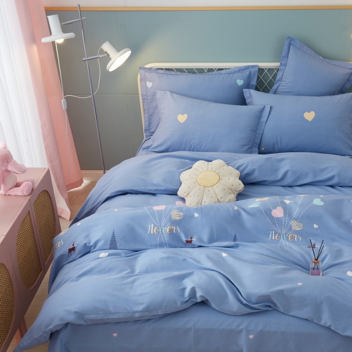 91家纺网 家纺一手货源 找家纺 金纱玉纺 2022新款印花加厚磨毛四件套 梦想-蓝